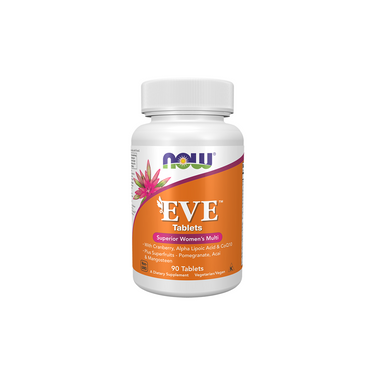 A white bottle of Now Foods Eve Women's Multiple Vitamin contains 90 vegetarian tablets, each packed with essential vitamins and minerals for women.